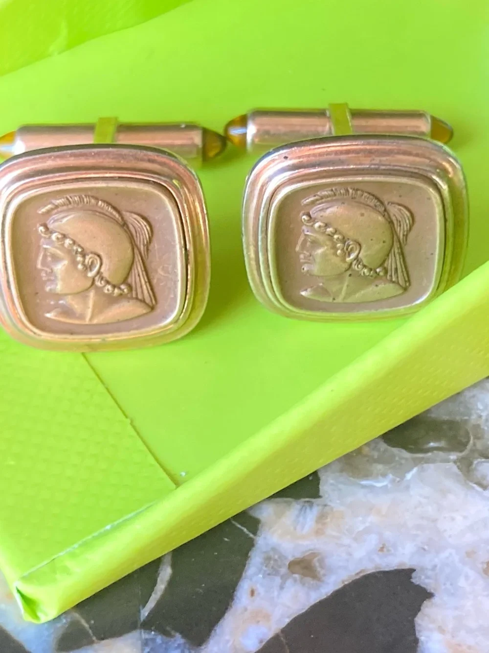 Krementz Roman Warrior Athena Cufflinks Vintage Art Deco Gold Tone Square